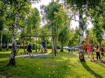 Children playing in a park with swings and trees.