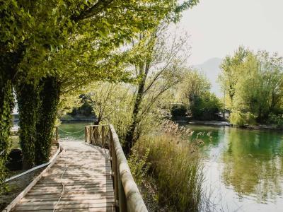 Sentiero di legno lungo un fiume circondato da alberi verdi.