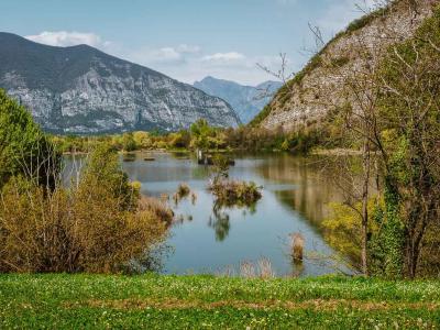 Paesaggio lacustre con montagne e vegetazione rigogliosa.