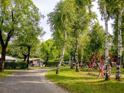 Playground with swings in a green, tree-filled area.