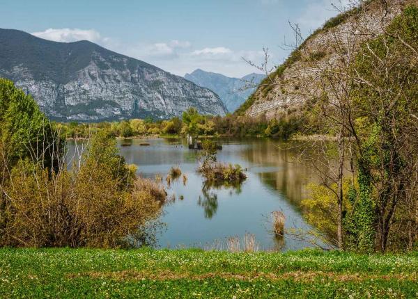 Paesaggio lacustre con montagne e vegetazione rigogliosa.