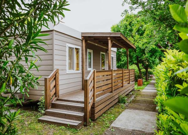 Modern wooden house with a porch surrounded by greenery.